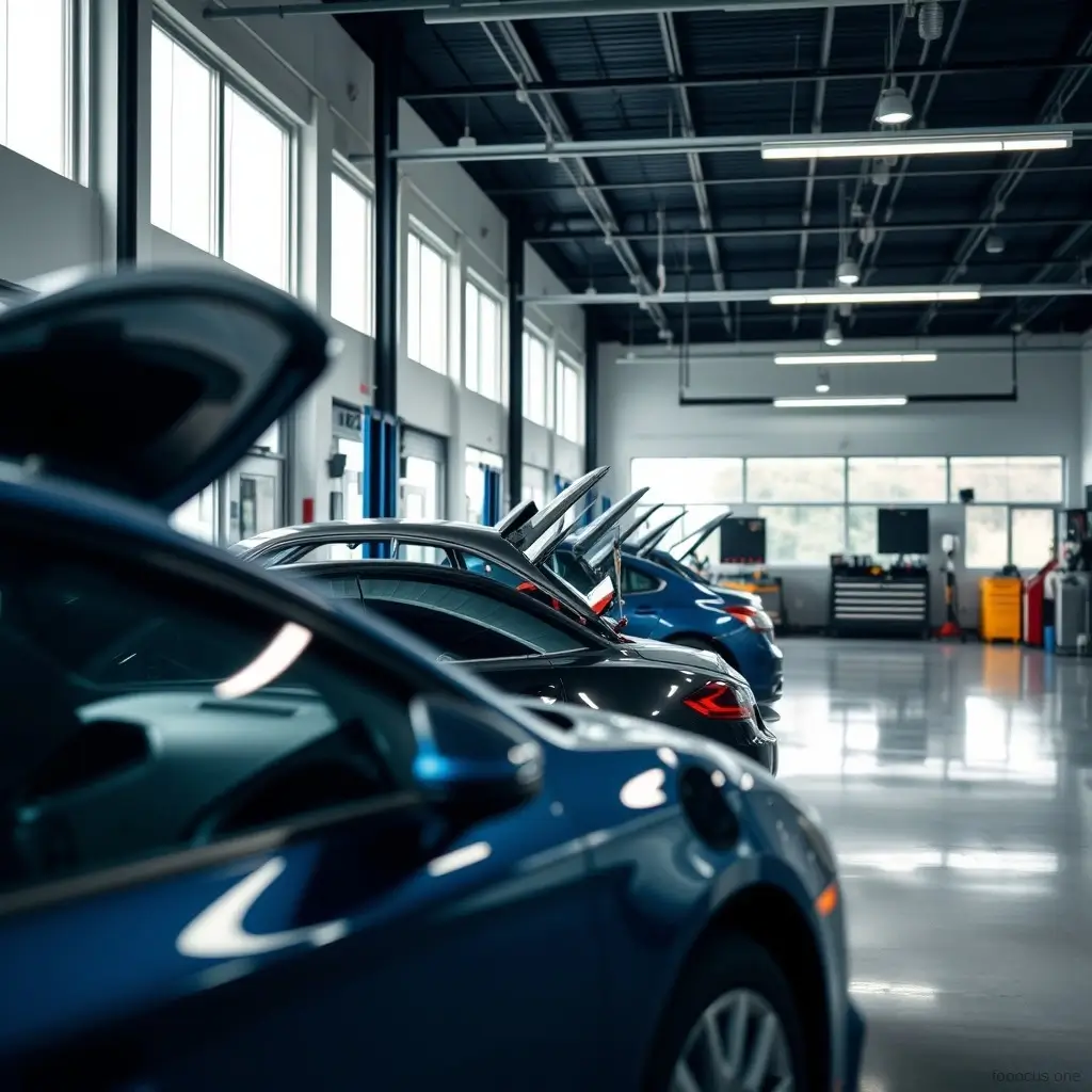 A clean, modern, and well-lit automotive workshop environment