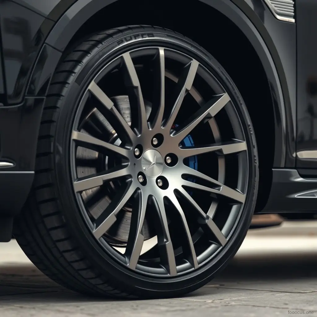 Close-up of a stylish custom alloy wheel on a luxury vehicle